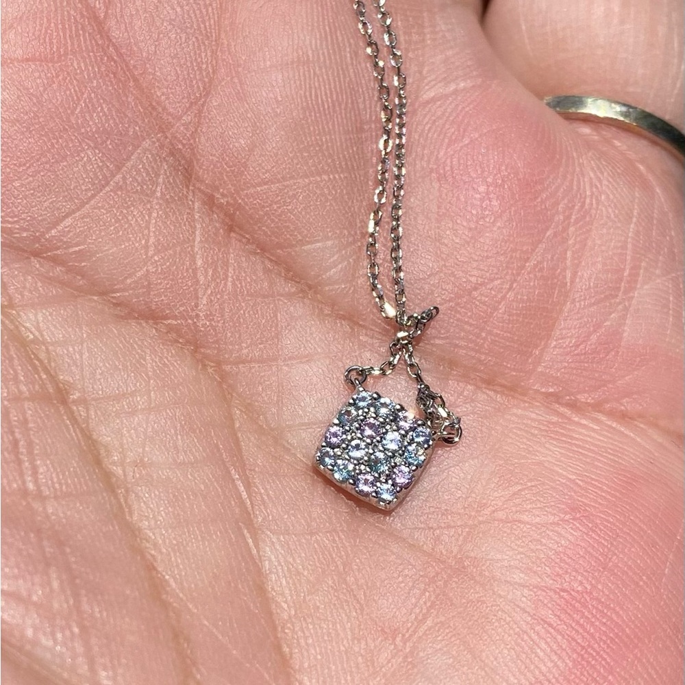 Dainty Crystal pave square pendant in silver silver chain necklace